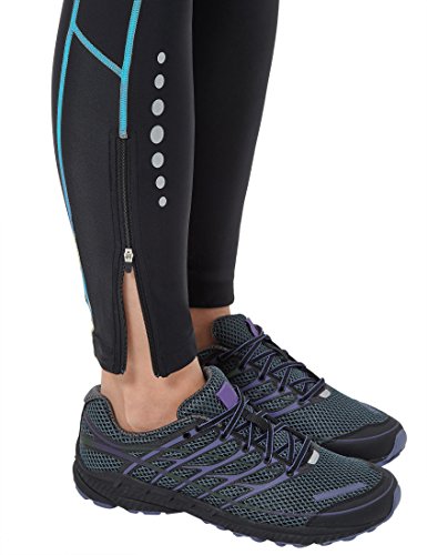 Ultrasport Pantalones largos de correr para mujer, con efecto de compresión y función de secado rápido, Negro/Turquesa, XS