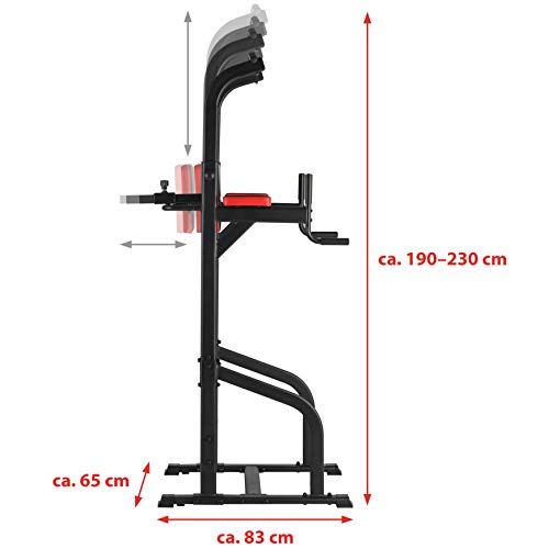 Ultrasport Power Tower Estación Multifuncional de Entrenamiento, Torre de Musculación y Fitness, Dip Station, Barra de Dominadas, Asas para Flexiones, Tamaño Regulable, Negro, 83 x 65 x 190-230 cm