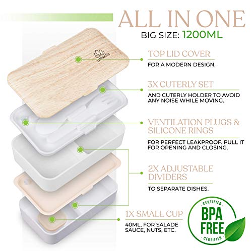 Umami® ⭐ Lunch Box Premium - 1 Recipiente 3 Cubiertos - Tupper Compartimentos Estilo Bento Box Japonés - Porta Alimentos Hermético - Sin Residuos – Microondas y Lavavajillas – Comida En Casa/Trabajo
