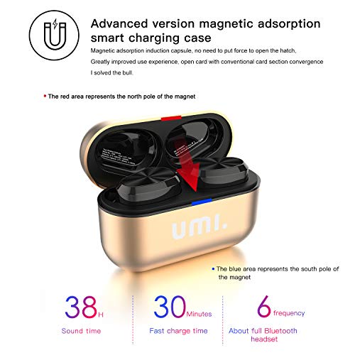 Umi. by Amazon Auriculares de botón inalámbricos (TWS) W5s con Bluetooth 5.0 y certificación IPX7 compatibles con iPhone Samsung Huawei y Estuche metálico con Base de Carga (Dorado)
