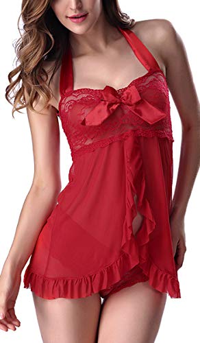 UMIPUBO Mujer Encaje Lencería Conjunto Ropa de Dormir Camisón Suave Frente Abierto Camisón Mini Vestido con Cuello Halter