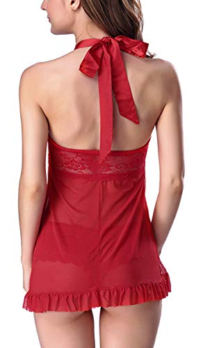 UMIPUBO Mujer Encaje Lencería Conjunto Ropa de Dormir Camisón Suave Frente Abierto Camisón Mini Vestido con Cuello Halter