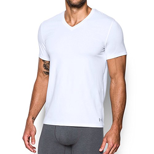 Under Armor - Camiseta Interior de algodón elástico con Cuello en V para Hombre, Paquete de 2, Hombre, Color Blanco (100)/Blanco, tamaño Small