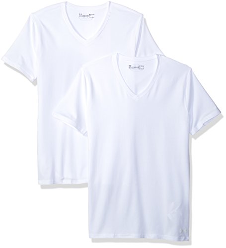 Under Armor - Camiseta Interior de algodón elástico con Cuello en V para Hombre, Paquete de 2, Hombre, Color Blanco (100)/Blanco, tamaño Small