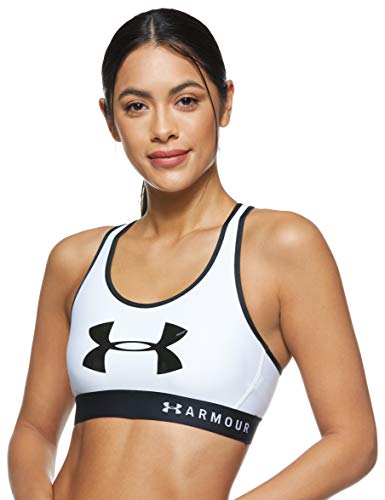 Under Armour Armour Mid Keyhole Graphic, ropa deportiva de mujer para correr, sujetador deportivo para mujer con espalda cruzada y logotipo mujer, Blanco (White/Black (100)), M