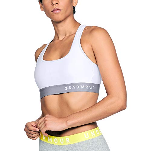 Under Armour Mid Crossback Sujetador Deportivo para Mujer, Ropa Interior Transpirable y Ajustada, cómoda Ropa Deportiva de Mujer con Tirantes Cruzados, White/Steel/White (100), XS