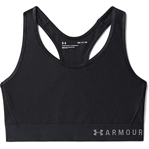 Under Armour Mid Keyhole Sujetador para Mujer Deportivo, Ropa de Mujer Deportiva de compresión, cómodo Sujetador de sujeción de Secado rápido, Black/Black/Metallic Silver (001), SM