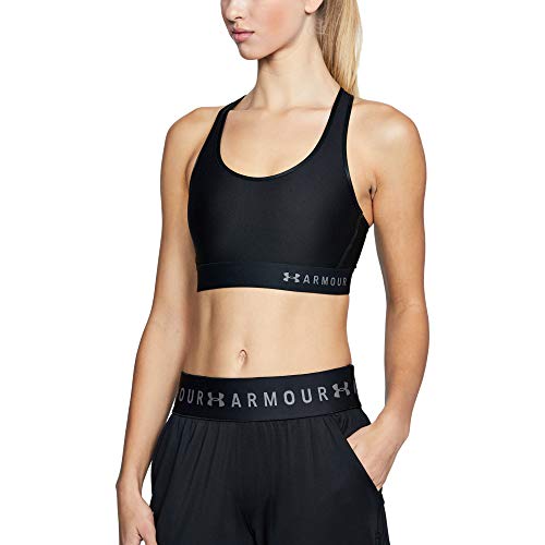 Under Armour Mid Keyhole Sujetador para Mujer Deportivo, Ropa de Mujer Deportiva de compresión, cómodo Sujetador de sujeción de Secado rápido, Black/Black/Metallic Silver (001), SM