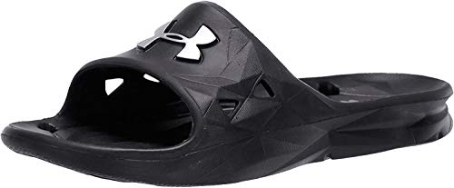 Under Armour Slides UA Locker III Chanclas de hombre, zapatos para playa de secado rápido, chanclas con correa ideales para el vestuario y la piscina, Black/Metallic Silver (001), 10