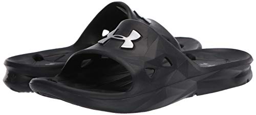 Under Armour Slides UA Locker III Chanclas de hombre, zapatos para playa de secado rápido, chanclas con correa ideales para el vestuario y la piscina, Black/Metallic Silver (001), 11