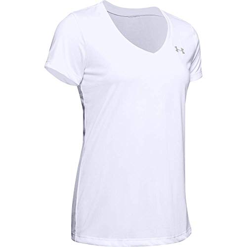 Under Armour Tech Short Sleeve V-Solid Camiseta, Mujer, Blanco (White/Metallic Silver 100), M