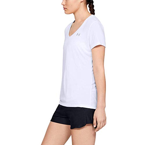 Under Armour Tech Short Sleeve V-Solid Camiseta, Mujer, Blanco (White/Metallic Silver 100), M