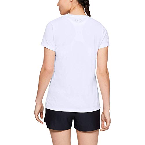 Under Armour Tech Short Sleeve V-Solid Camiseta, Mujer, Blanco (White/Metallic Silver 100), M