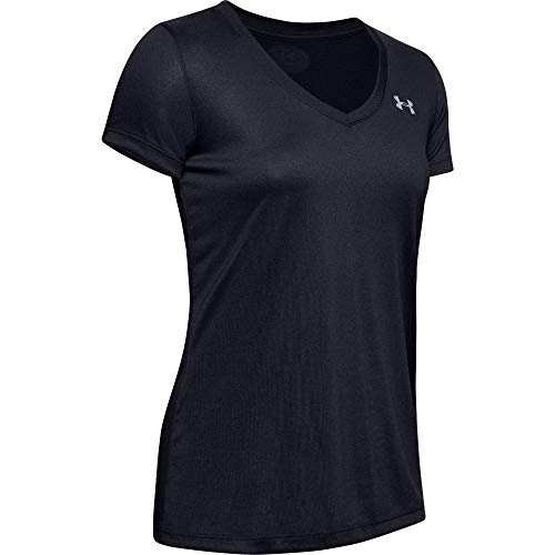 Under Armour Tech Short Sleeve V-Solid Camiseta, Mujer, Negro (Black/Metallic Silver 002), M