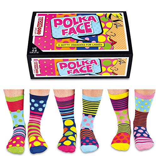 United Oddsocks - Caja De Regalo 6 x Calcetínes Coloridos (Polka Face) Para Mujeres EU 37-42