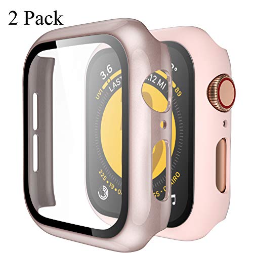 Upeak Compatible con Apple Watch Series 4/5 40mm Funda con Vidrio Templado, 2 Piezas Caja Protectora para Mujeres Hombres Compatible con iWatch 4 5, Brillante Oro Rosa/Mate Rosa