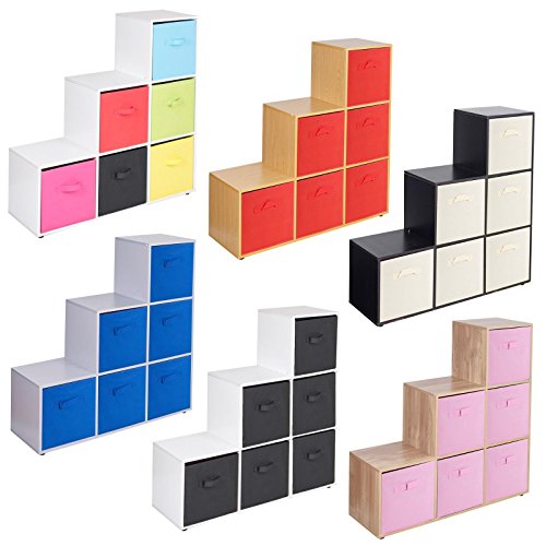 URBNLIVING Estantería de 6 cubos en forma de escalera con 6 cajones, Beige Drawers, White 6 Cubes