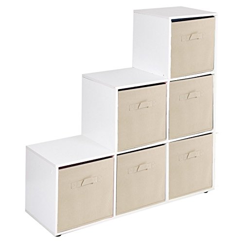 URBNLIVING Estantería de 6 cubos en forma de escalera con 6 cajones, Beige Drawers, White 6 Cubes