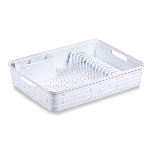 USE Family Bamboo. Escurreplatos de plástico Fregadero con Bandeja Anti- Goteo - Escurridor de Platos y Vasos de Cocina (Blanco)