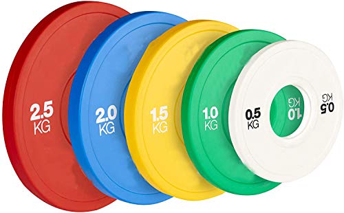 VAGAVDirect - Juego de 2 placas de peso fraccionales de colores, placas olímpicas de parachoques fraccionadas micropesos calibrados para pesas de 5 cm, 2 unidades, 0,5 kg, color blanco.