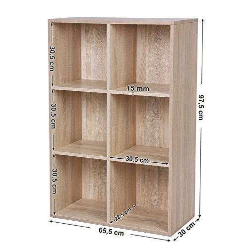 VASAGLE Estantería de Madera, Biblioteca, Organizador con 6 Compertimientos, 65,5 x 30,5 x 97,5 cm, Color Roble LBC203H