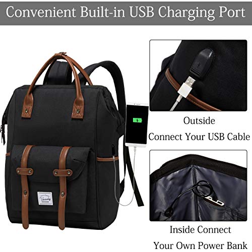 VASCHY Mochila Portatil,Resistente al Agua Vintage Mochila Antirrobo Mujer Hombre para 15.6 Pulgadas Portatil con Puerto de Carga USB Negro