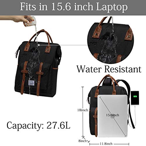 VASCHY Mochila Portatil,Resistente al Agua Vintage Mochila Antirrobo Mujer Hombre para 15.6 Pulgadas Portatil con Puerto de Carga USB Negro