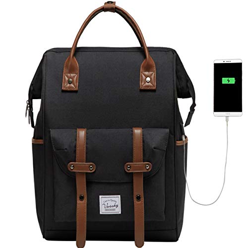 VASCHY Mochila Portatil,Resistente al Agua Vintage Mochila Antirrobo Mujer Hombre para 15.6 Pulgadas Portatil con Puerto de Carga USB Negro