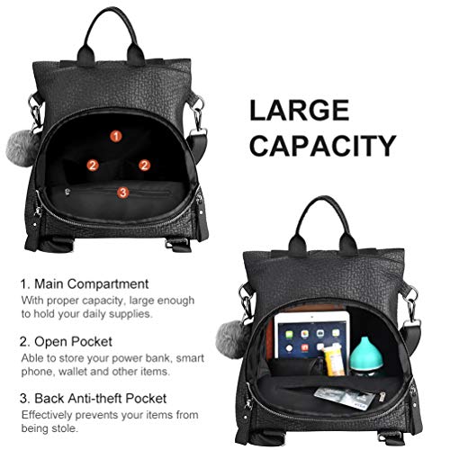 VBIGER Bolsos mochila mujer Antirrobo Mochila de Cuero PU Mano Mochilas Casual Bolsa Bandolera Messenger Bag Backpack (Negro)