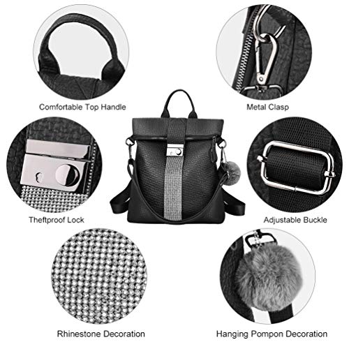 VBIGER Bolsos mochila mujer Antirrobo Mochila de Cuero PU Mano Mochilas Casual Bolsa Bandolera Messenger Bag Backpack (Negro)