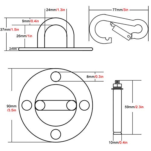 VDSOW Ganchos de Techo, Anclaje para Pared con Mosquetón y Tornillos y para Entrenamiento de Suspensión, 500 KG Acero Inoxidable Gancho Techo para Colgar Hamaca Columpio, Sillon Colgante y Saco Boxeo