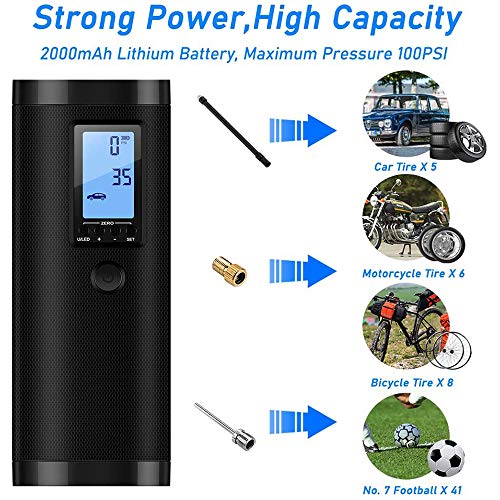 VEEAPE Compresor de Aire Portátil con Batería Recargable 2000 mAh, Mini Bomba de Bicicleta electrica, Multifuncional para Coche, Moto, Pelotas y etc, con Pantalla LCD Digital y Linterna LED