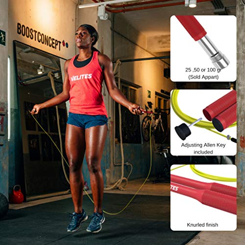 Velites Cuerda de Saltar lastrada para Crossfit, Boxeo y Fitness Fire 2.0 Ideal para Saltos Dobles Comba Velocidad Aluminio, Adultos Unisex, Roja, Cable Amarillo 2 mm