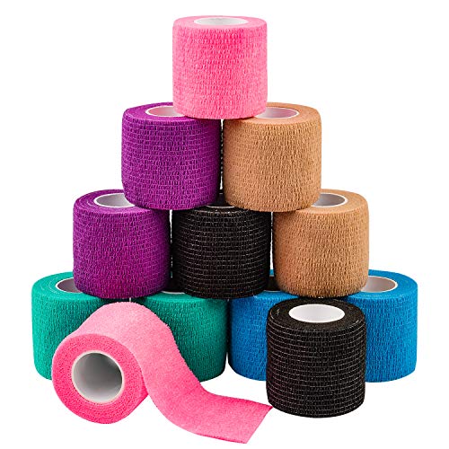 Venda Cohesiva Envoltura Tape Vet, 5 cm x 4,5 m 12 Pack - Vendaje Autoadhesivo para Primeros Auxilios, Lesiones Deportivas, Hinchazón y Esguinces de Tobillo y Muñeca (Multicolor)