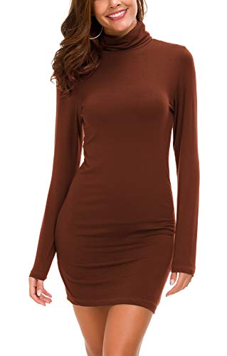 Vestido Ajustado de Manga Larga para Mujer Vestido Elegante de Cuello Alto con Cuello Alto (XL, Caramel)