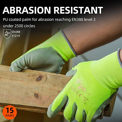 Vgo 15Pares Guantes de Trabajo y de Jardinería Recubiertos de PU para Hombres Multifunción (Tamaño 9/L,Amarillo fluorescente,PU2013)