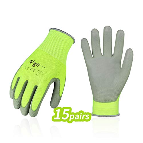 Vgo 15Pares Guantes de Trabajo y de Jardinería Recubiertos de PU para Hombres Multifunción (Tamaño 9/L,Amarillo fluorescente,PU2013)