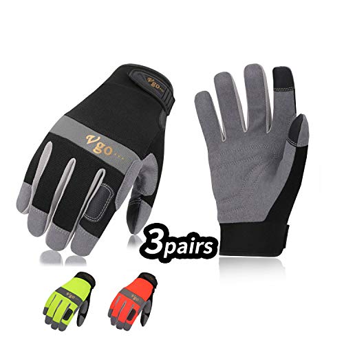 Vgo 3Pares Guantes de Trabajo de Cuero Sintético (Color Negro, Verde y Naranja Fluorescente, Talla 8/M, SL7584)