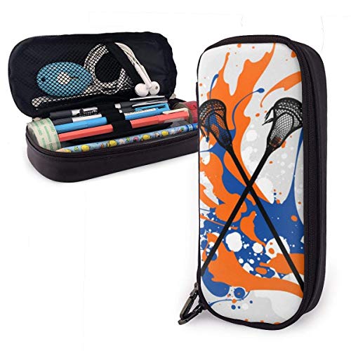 Vibrant Splash Lacrosse Sticks Funda de cuero para lápices Estuche para bolígrafo con cremallera Material escolar para estudiantes Caja de papelería de gran capacidad