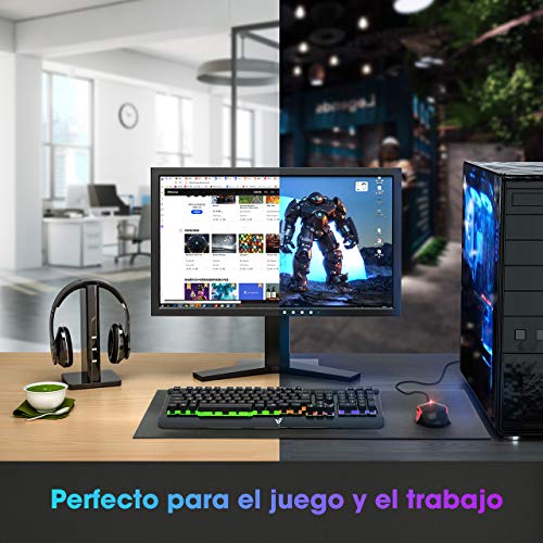 VicTsing Teclado Gaming Español USB, LED Rainbow Retroiluminación con 12 Teclas Multimedia y 19 Teclas Anti-ghosting, Teclado Retroiluminado de Panel Completamente Metálico