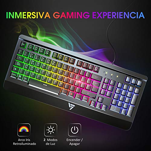 VicTsing Teclado Gaming Español USB, LED Rainbow Retroiluminación con 12 Teclas Multimedia y 19 Teclas Anti-ghosting, Teclado Retroiluminado de Panel Completamente Metálico