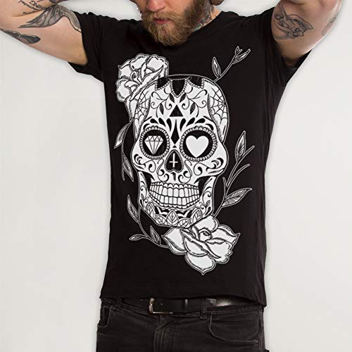 VIENTO Mexican Skull Camiseta para Hombre (Negro, Medium)