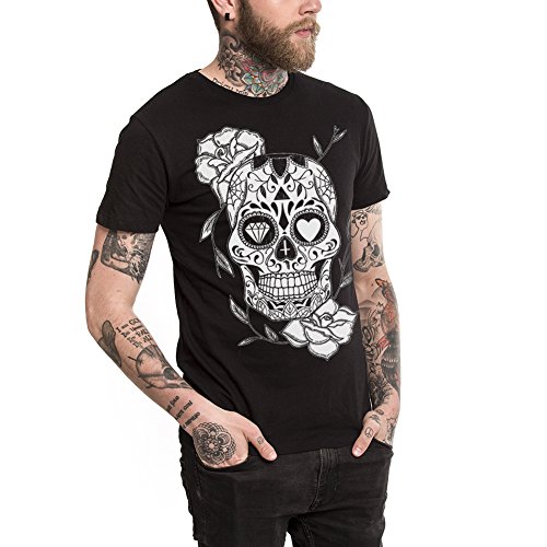 VIENTO Mexican Skull Camiseta para Hombre (Negro, Medium)