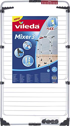 Vileda Mixer 3 - Tendedero vertical de torre de acero, 30 metros de espacio de tendido, 3 rejillas, soporte para ropa pequeña y perchas, color blanco, dimensiones abierto 137 x 71 x 71 cm