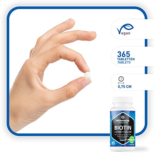 Vitamaze® Biotina 10000 mcg de Dosis Alta + Selenio + Zinc para Crecimiento del Cabello, Cabello y Uñas - 365 Tabletas Veganas para 1 Año, Calidad Alemana, sin Aditivos Innecesarios