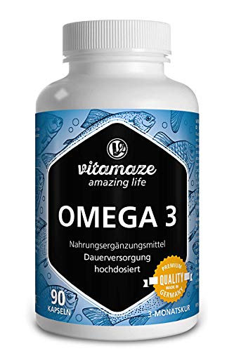 Vitamaze® Omega 3 Capsulas 1000 mg de Dosis Potentes, Puro Aceite de Pescado con 400 mg (40%) EPA y 300 mg (30%) de DHA por Cápsula de Gelatina blanda para 3 Meses, IFOS Certificado, Calidad Alemana