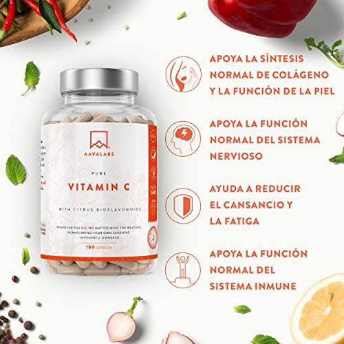 Vitamina C Pura Altamente Concentrada - Más de 1000 mg por Dosis Diaria [1027 mg] - 180 Cápsulas - Con Flavonoides de Fruta Cítrica, Camu Camu y Acerola - Complemento Alimenticio 100% Vegano