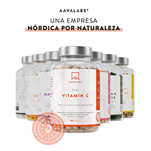 Vitamina C Pura Altamente Concentrada - Más de 1000 mg por Dosis Diaria [1027 mg] - 180 Cápsulas - Con Flavonoides de Fruta Cítrica, Camu Camu y Acerola - Complemento Alimenticio 100% Vegano