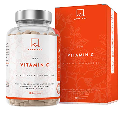 Vitamina C Pura Altamente Concentrada - Más de 1000 mg por Dosis Diaria [1027 mg] - 180 Cápsulas - Con Flavonoides de Fruta Cítrica, Camu Camu y Acerola - Complemento Alimenticio 100% Vegano