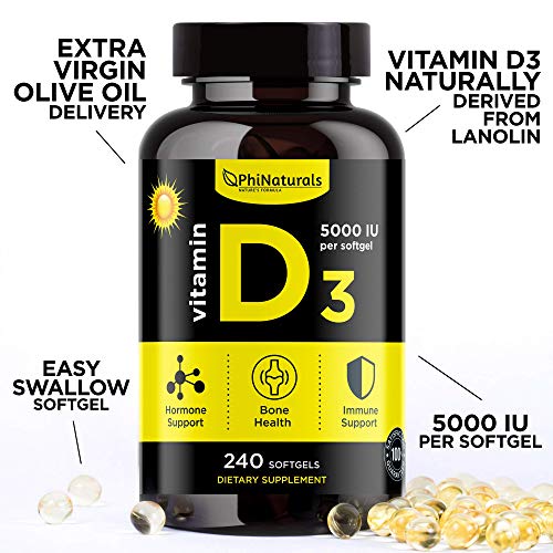 Vitamina D3 Cápsulas de 5000 UI. 240 cápsulas de Vitamina D de Alta Potencia (5000 UI) en aceite de oliva extra virgen para mayor absorción